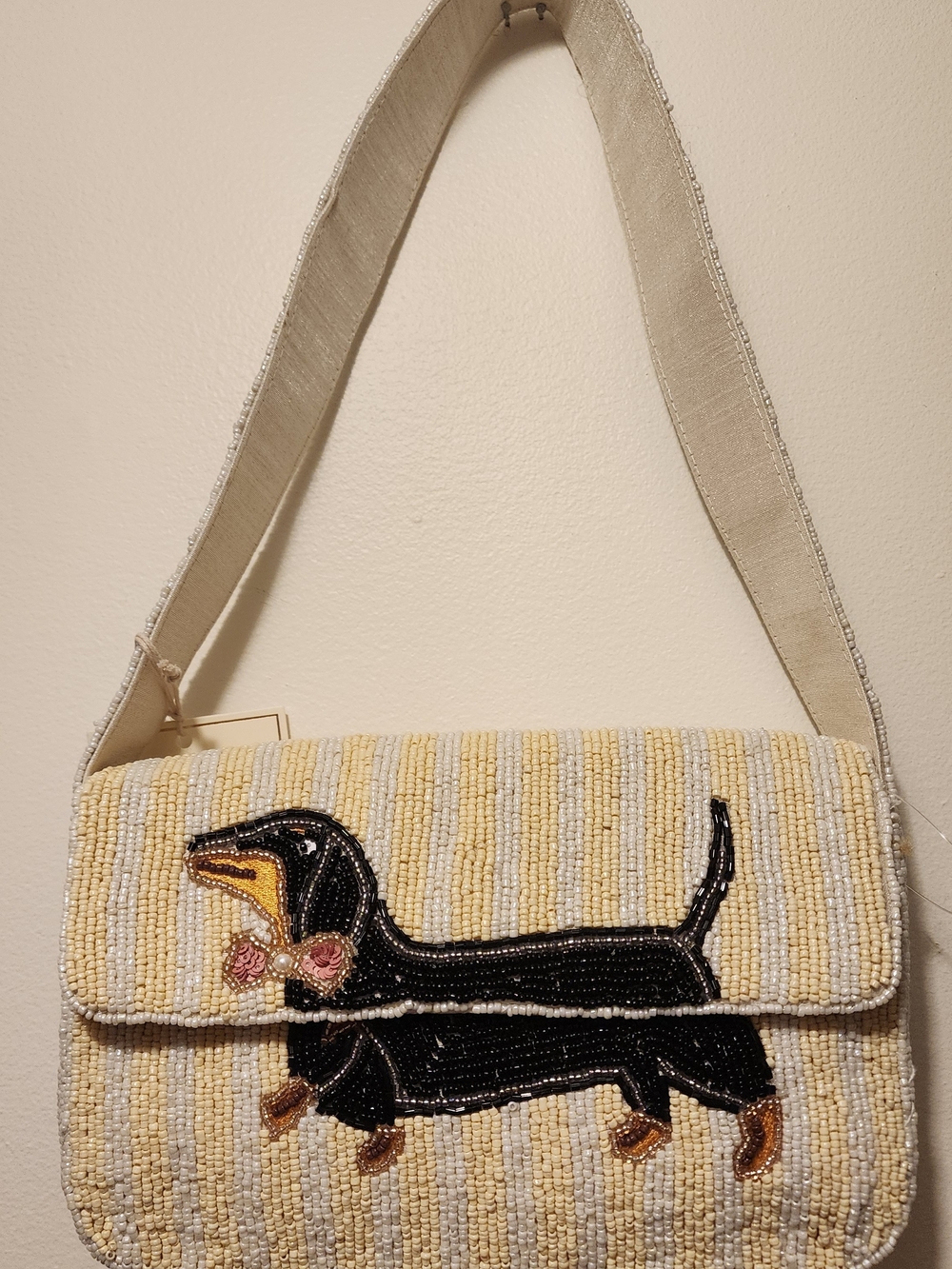 Beaded Dachshund Crossbody Bag - Cream and Yellow